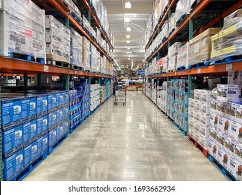 Ailse in a Costco store different products. Costco Wholesale Corporation is the largest membership-only warehouse club in US. . San Diego, USA, April 4th, 2020