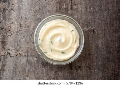 Aioli Sauce Isolated On Wooden Background.Top View
