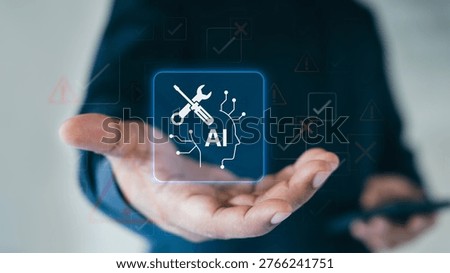 AI-powered automated debugging or troubleshooting. Artificial intelligence diagnostics and detection. System engineer using digital interface to instruct AI monitoring. AI for system maintenance.