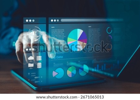 AI-powered big data dashboard on tablet with interactive charts, cloud icons, and analytics interface. Ideal for data analysis, business intelligence, and digital transformation visuals
