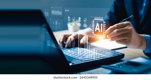 AI-powered business data analytics and dashboard performance report visualization, futuristic digital interface for smart decision making, technology for enterprise insight and intelligent analysis