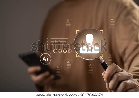 AI-powered candidate screening and recruitment analysis with digital profiles, identity verification, and talent assessment. Concept of human resources, hiring, workforce management, and HR technology