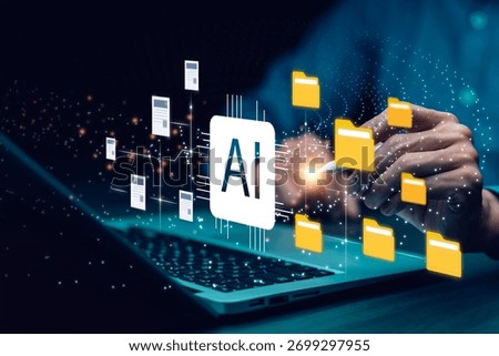 AI-powered cloud data management system with glowing digital file icons, secure storage, and network connections. Concept of smart technology, automation, and data organization.