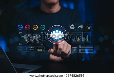 AI-powered customer targeting and data analytics concept with digital interface and target audience. symbolizing marketing strategy, segmentation, CRM, personalization, business intelligence platforms
