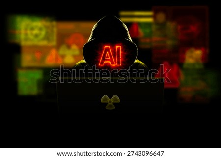 AI-powered cyberattack on nuclear facility concept — hooded hacker, radiation warning alerts, breach, critical energy infrastructure threat