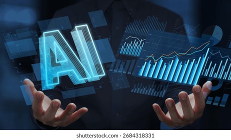 AI-powered data analytics. Augmented analytics. Automated business intelligence dashboard. Businessperson holding an artificial intelligence icon and charts.