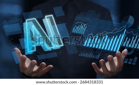 AI-powered data analytics. Augmented analytics. Automated business intelligence dashboard. Businessperson holding an artificial intelligence icon and charts.