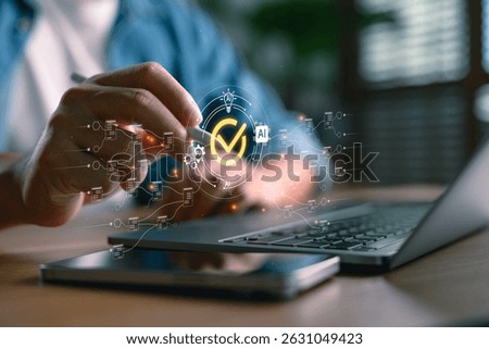 AI-powered data analytics and document management system concept. Man using stylus with digital interface for big data automation, intelligent workflow, and real-time smart document processing.