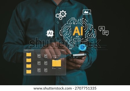 AI-powered digital data management concept with user accessing files through a smart interface, showcasing automation, intelligent organization, and modern technology for efficient workflow systems.
