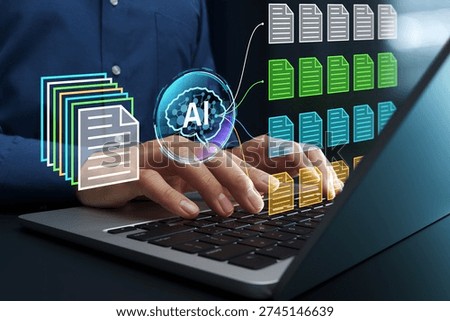AI-powered document classification. Automated document management system DMS. File and folder icons. Businessperson using laptop computer with intelligent text processing solutions.