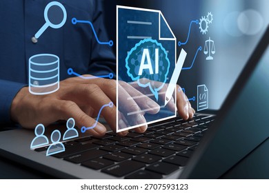 AI-powered document and text generation. Retrieval-augmented generation RAG. Business process automation with generative AI. Businessperson using laptop computer.