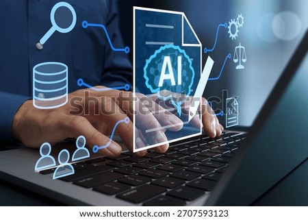 AI-powered document and text generation. Retrieval-augmented generation RAG. Business process automation with generative AI. Businessperson using laptop computer.