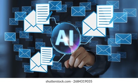 AI-powered email assistant and smart reply. Automated mail writing by AI agent. Businessperson tapping artificial intelligence icon.