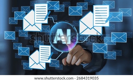 AI-powered email assistant and smart reply. Automated mail writing by AI agent. Businessperson tapping artificial intelligence icon.