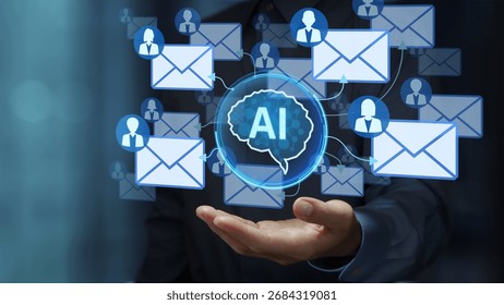 AI-powered email marketing solution. AI-optimized and personalized mail writing. Businessperson holding artificial intelligence icon.