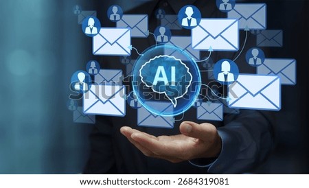 AI-powered email marketing solution. AI-optimized and personalized mail writing. Businessperson holding artificial intelligence icon.