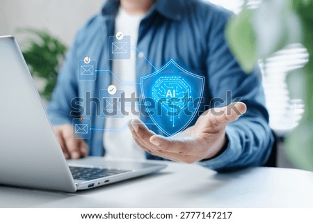 AI-Powered Email Security System with Human Interaction, Business Professional Using Laptop While Managing Threat Detection, Spam Filtering and Cybersecurity Protection Interface in Modern Workspace