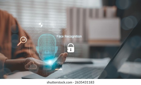 AI-powered face recognition for secure authentication and identity verification. Biometric technology with a digital interface enhances data protection in modern cybersecurity systems.