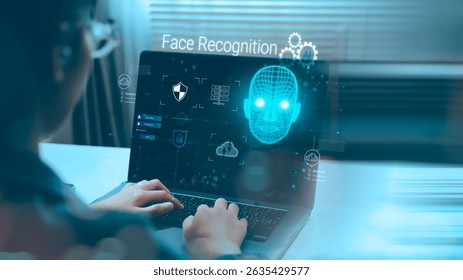 AI-powered face recognition system using machine learning for identity verification. Advanced biometric technology for secure login and personal data protection in the digital age.