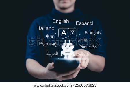 AI-Powered Language Translate App Concept. A woman holds smartphone displaying an AI powered language translation app. Screen features robot and multiple languages, global communication. multilingual,