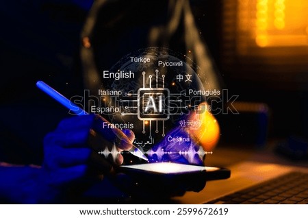 AI-Powered Language Translation Technology. Users using smartphone with AI multiple languages, artificial intelligence driven multilingual translation, global communication technology, translation app