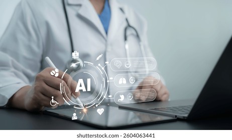 AI-powered medical interface on tablet used by doctor to interact with futuristic healthcare data and analysis platform