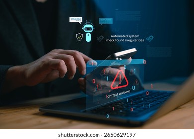 AI-powered mobile system warning detection showing automated alerts on smartphone and laptop, indicating cyber threats, digital anomalies. Ideal for cybersecurity, AI automation, smart app concepts.