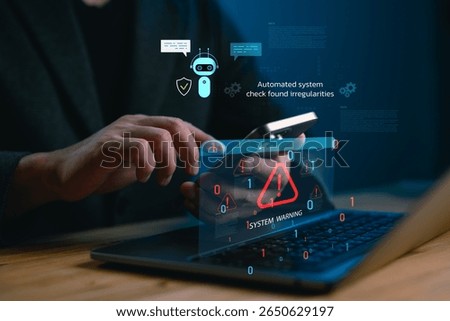 AI-powered mobile system warning detection showing automated alerts on smartphone and laptop, indicating cyber threats, digital anomalies. Ideal for cybersecurity, AI automation, smart app concepts.