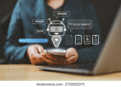 AI-powered procurement system with chatbot and digital invoice icons on a mobile device, representing automated B2B purchasing and modern mobile supply chain management solutions.