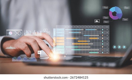 AI-powered project scheduling interface with interactive data visualization and performance tracking. Perfect for agile management, digital workflows, and intelligent business planning content.