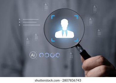 AI-powered recruitment and candidate selection concept with magnifying glass scanning business profile interface. Human resources, talent acquisition, employee screening and digital hiring technology.