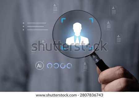 AI-powered recruitment and candidate selection concept with magnifying glass scanning business profile interface. Human resources, talent acquisition, employee screening and digital hiring technology.