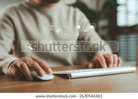 AI-powered search engine concept with user typing and icons of artificial intelligence, machine learning, and data. Representing smart information retrieval and digital technology.