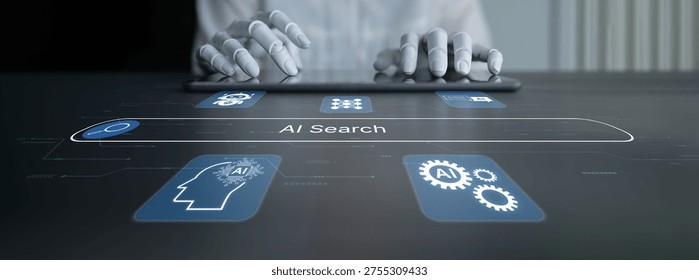 AI-powered search interface concept with multiple assistant tools, intelligent logic and automation engine working in harmony. Corpus