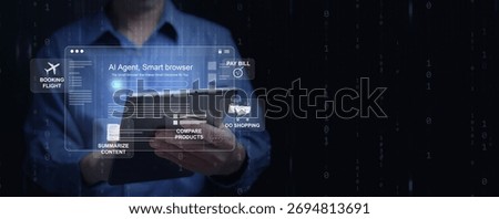 AI-powered smart browser system performing digital tasks automatically such as booking, payment, and product comparison. Automation, and the evolution of intelligent technology.