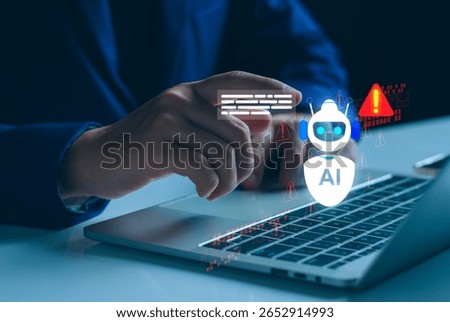 AI-powered system warning detection showing automated alerts on laptop, indicating cyber threats, digital anomalies. Ideal for cybersecurity, AI automation, smart app concepts.