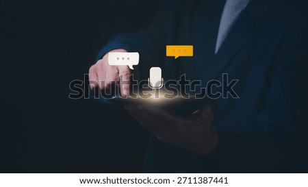 AI-powered voice assistant interactions, voice microphone interaction concepts for digital communication, speech recognition, and intelligent technology that enable natural conversations.