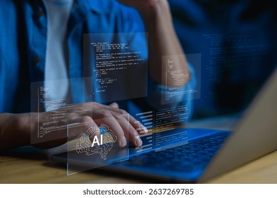 AI-powered web development and programming. A software developer coding with artificial intelligence support, ideal for content about machine learning, AI-assisted coding, next-gen tech solutions.