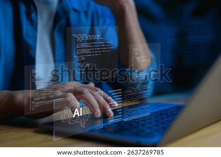 AI-powered web development and programming. A software developer coding with artificial intelligence support, ideal for content about machine learning, AI-assisted coding, next-gen tech solutions.