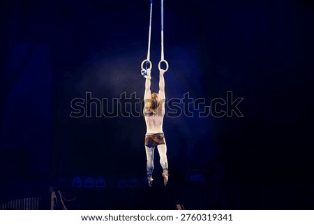 Air acrobat in the circus. Air acrobat performs the acrobatic elements in the air ring