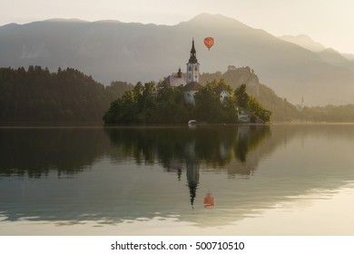 Air balloon over Lake Bled with island and castle in Slovenia