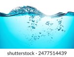 Air Bubbles Float Up Under Blue Water. Pure Water Wave, Oxygen Relaxation. Blue Water Textured on White Background.	
