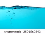 Air Bubbles Float Up Under Water. Water Wave, Water Splashing. Oxygen Relaxation. Blue Water Textured on White Background.