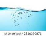 Air Bubbles Float Up Under Water. Water Splashing. Water Wave,  Oxygen Relaxation. Blue Water Textured on White Background.