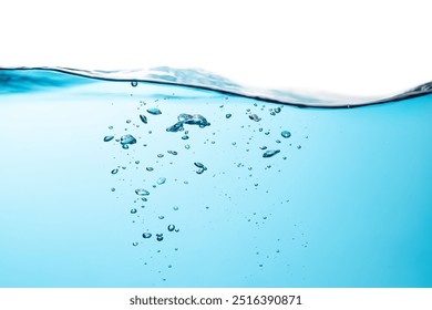 Air Bubbles Float Up Under Water. Water Splashing. Water Wave,  Oxygen Relaxation. Blue Water Textured on White Background.