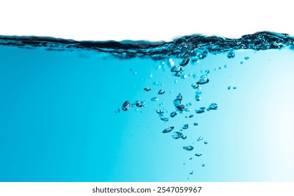 Air Bubbles Float Up Under Water. Water Splashing. Water Wave. Oxygen Relaxation. Blue Water Textured on White Background.