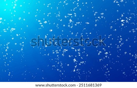Air Bubbles Float Up Under Water. Pure Water, Oxygen Relaxation. Blue Water Textured Background.	