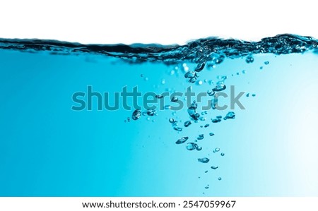 Air Bubbles Float Up Under Water. Water Splashing. Water Wave. Oxygen Relaxation. Blue Water Textured on White Background.