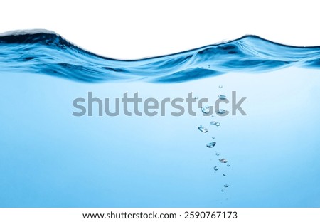 Air Bubbles Float Up Under Water. Water Wave, Pure Water, Oxygen Relaxation. Blue Water Textured on White Background.	