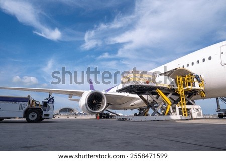 Air cargo logistic containers are loading to an airplane. Air transport shipment prepare for loading to modern freighter jet aircraft at the airport.